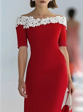 Elegant Plain Split Joint Boat Neck Knee Length Dress