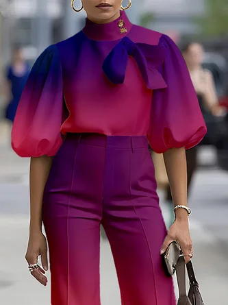 Elegant Gradient Pattern Printing Stand Collar Puff Sleeve Blouse