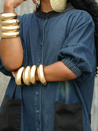 Casual Color Block Stand Collar Denim Jumpsuit