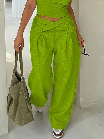 Casual Plain Pockets Cross Fashion Pants