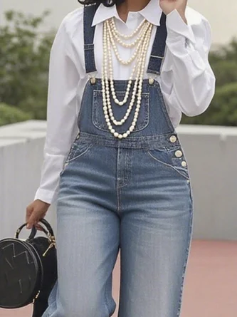 Casual Plain Denim Bib Pants