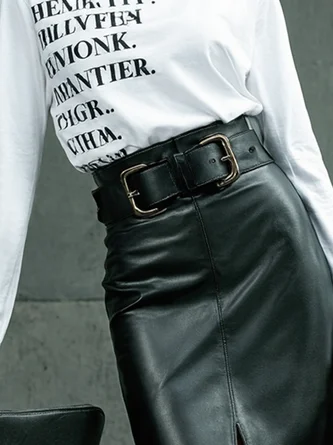 Urban Plain Knee Length Faux Leather Skirt With Belt