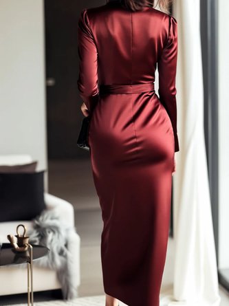 Elegant Plain Cross Neck Midi Dress With Belt