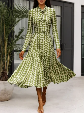 Elegant Geometric Mock Neck Midi Dress