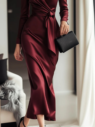 Elegant Plain Cross Neck Midi Dress With Belt
