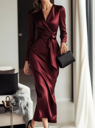 Elegant Plain Cross Neck Midi Dress With Belt