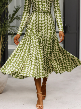 Elegant Geometric Mock Neck Midi Dress