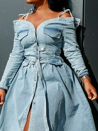 Elegant Plain Spaghetti Knee Length Denim Dress With Belt
