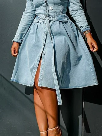 Elegant Plain Spaghetti Knee Length Denim Dress With Belt