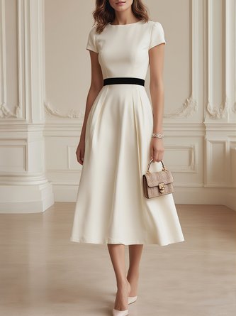 Elegant Block Gathered Crew Neck Midi Dress