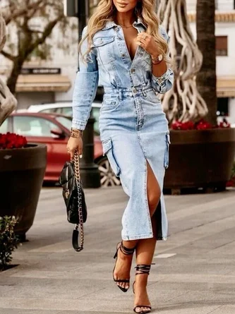 Urban Plain Distressing Shawl Collar Midi Dress