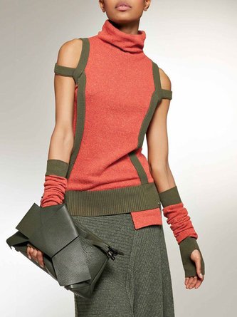 Casual Color Block Turtleneck Sweater With Separate Sleeves