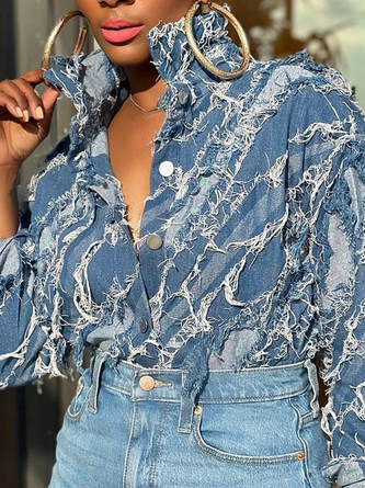 Casual Plain Shirt Collar Denim Shirt