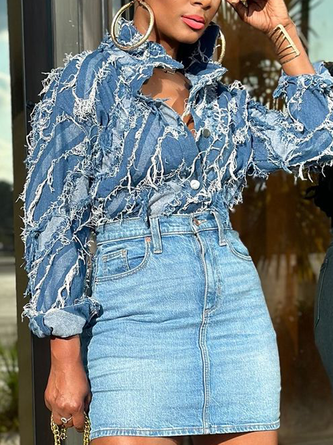 Casual Plain Shirt Collar Denim Shirt