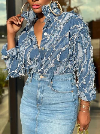 Casual Plain Shirt Collar Denim Shirt