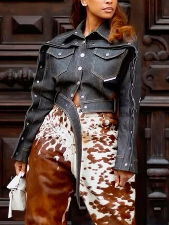 Casual Buttoned Plain Shawl Collar Denim Coat