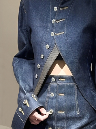 Casual Plain Mock Neck Denim Jacket