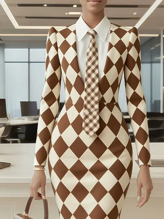 Urban Plain Buttoned Shirt Collar Midi Dress With Tie