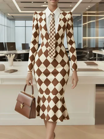 Urban Plain Buttoned Shirt Collar Midi Dress With Tie