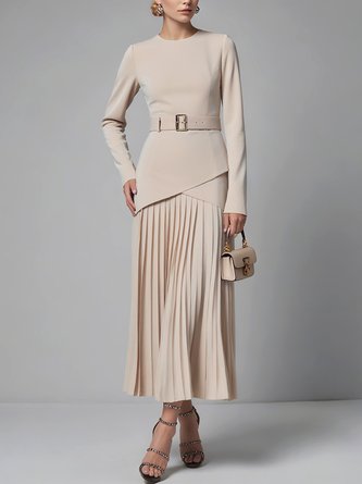 Elegant Plain Split Joint Pleated Crew Neck Maxi Dress Belt