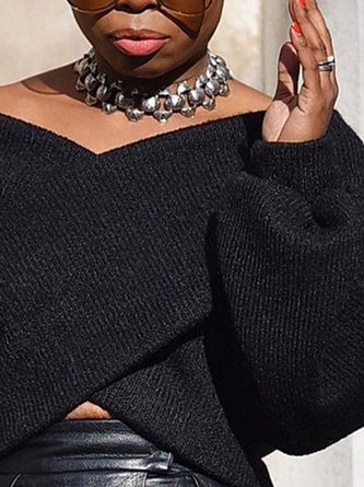 Casual Plain V Neck Off Shoulder Sleeve Sweater