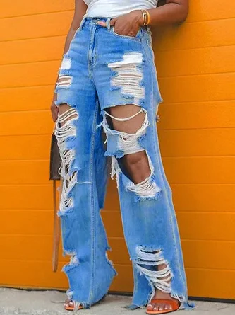 Ripped Plain Casual Loose Jeans