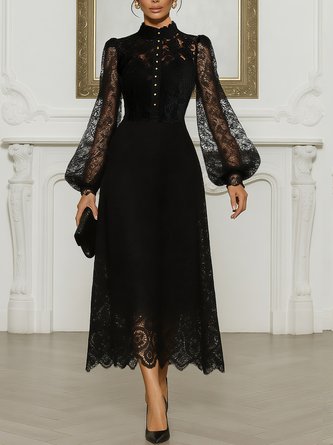 Elegant Buttoned Balloon Sleeve Lace Mock Neck Midi Dress