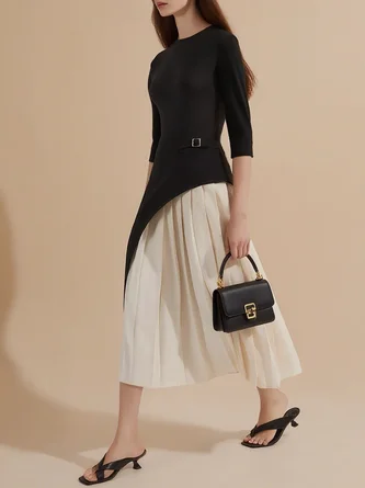 Elegant Block Pleated Split Joint Crew Neck Midi Dress