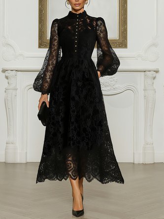 Elegant Buttoned Balloon Sleeve Lace Mock Neck Midi Dress