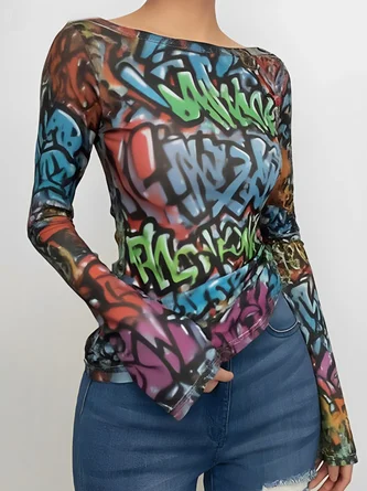 Casual Graffiti Printing Crew Neck T-shirt