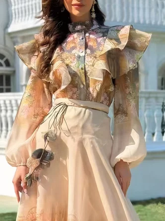 Elegant Floral Printing Stand Collar Balloon Sleeve Shirt
