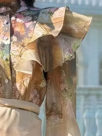 Elegant Floral Printing Stand Collar Balloon Sleeve Shirt