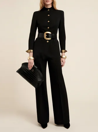 Urban Buttoned Plain Mock Neck Jumpsuit With No Belt