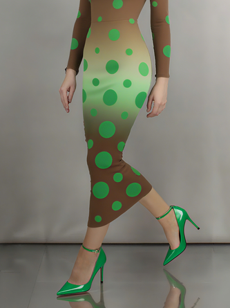 Elegant Polka Dots Printing Boat Neck Maxi Dress