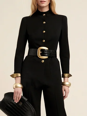 Urban Buttoned Plain Mock Neck Jumpsuit With No Belt