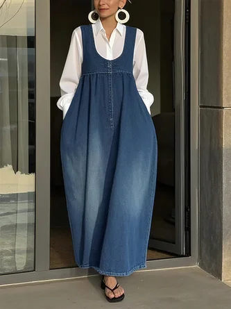 Casual Plain Distressing U-Neck Denim Maxi Dress