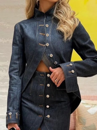 Casual Plain Mock Neck Denim Jacket