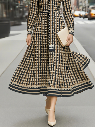 Elegant Geometric Printing Mock Neck Midi Dress