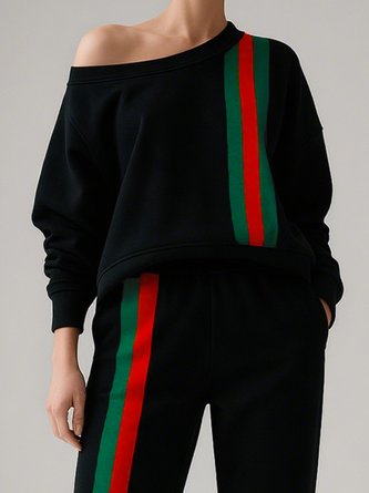 Casual Plain Cold Shoulder Color Block Sweatshirt