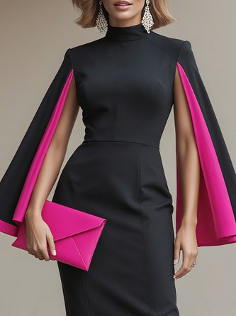 Elegant Color Block Split Sleeves Stand Collar Midi Dress