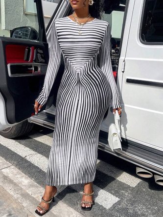 Urban Striped Printing Crew Neck Maxi Dress
