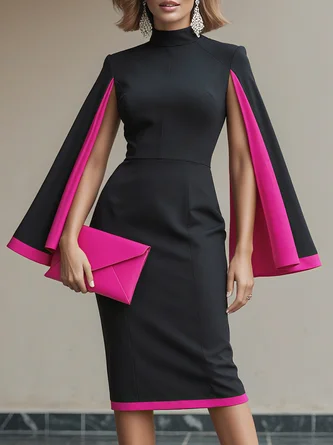 Elegant Color Block Split Sleeves Stand Collar Midi Dress
