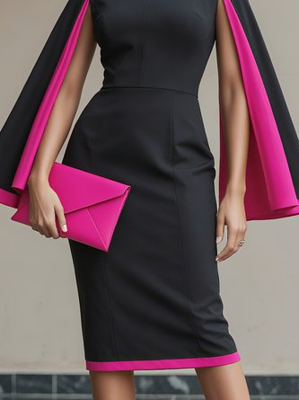 Elegant Color Block Split Sleeves Stand Collar Midi Dress