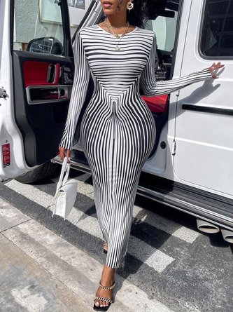 Urban Striped Printing Crew Neck Maxi Dress