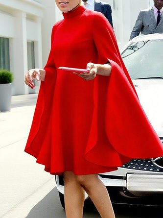 Elegant Plain Split Sleeves Irregular Craftsmanship Stand Collar Knee Length Dress