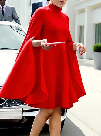 Elegant Plain Split Sleeves Irregular Craftsmanship Stand Collar Knee Length Dress