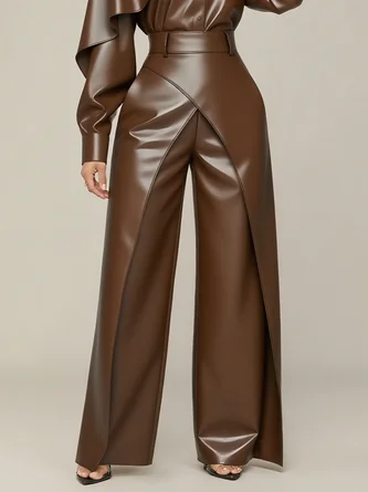 Urban Plain Cross Faux Leather Wide Leg Pants