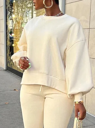 Casual Plain Crew Neck Balloon Sleeve Sweatshirt