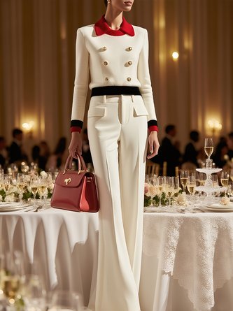 Elegant Color Block Buttoned Shawl Collar Regular Sleeve Blouse