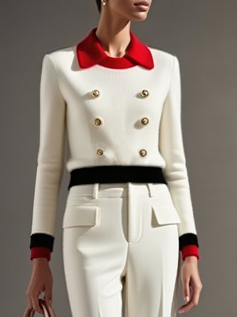 Elegant Color Block Buttoned Shawl Collar Regular Sleeve Blouse